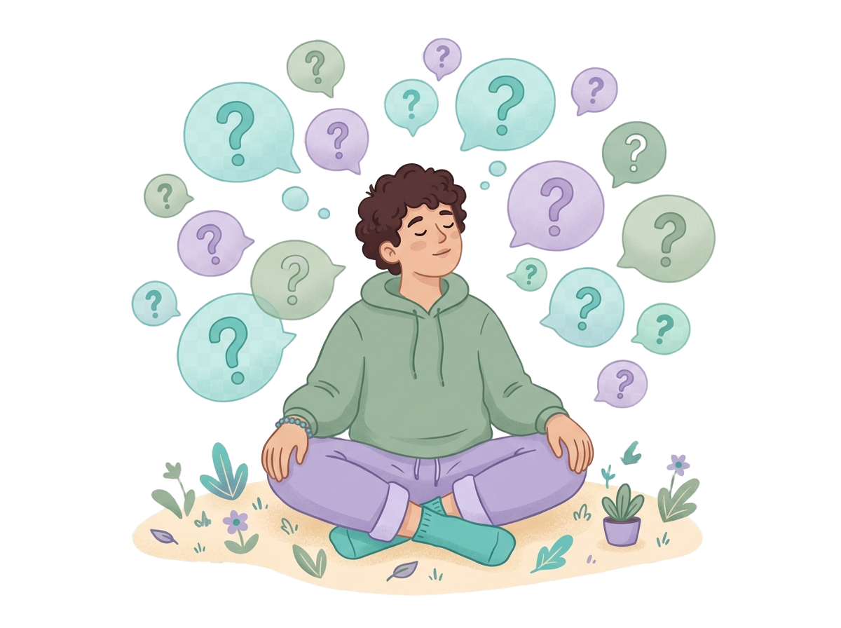Illustrated person exploring sensory products with question marks around them